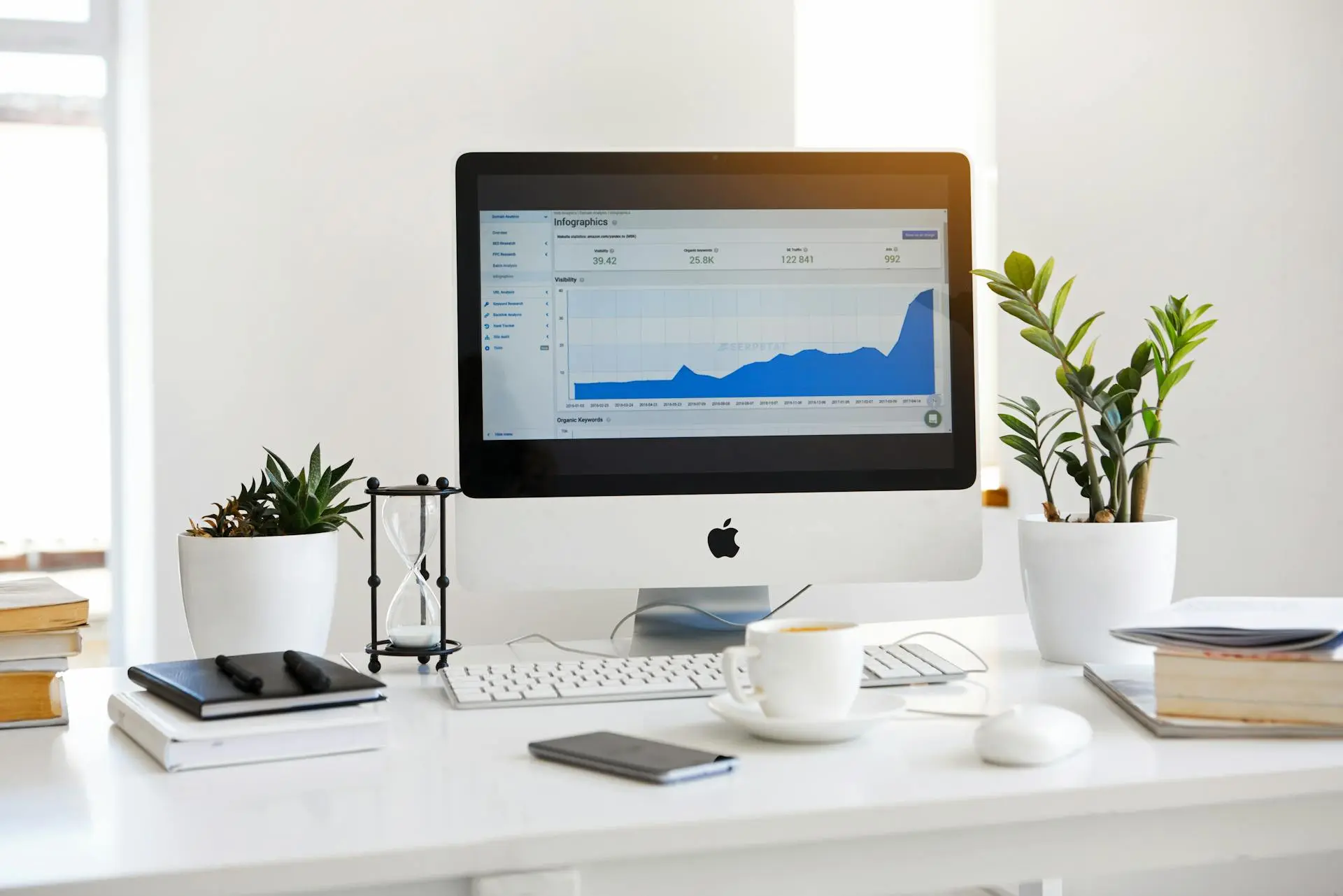 A apple computer on a table while monitor is displaying analytical graphs.
